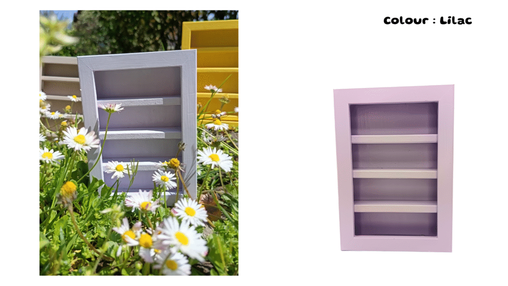 Miniature handmade bookshelf in lilac colour
